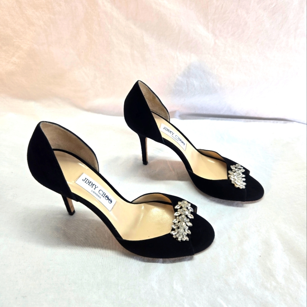 Jimmy Choo Women's 39.5 Black Suede Crystal Embellished Sandal Heels Pump New - Picture 4 of 11